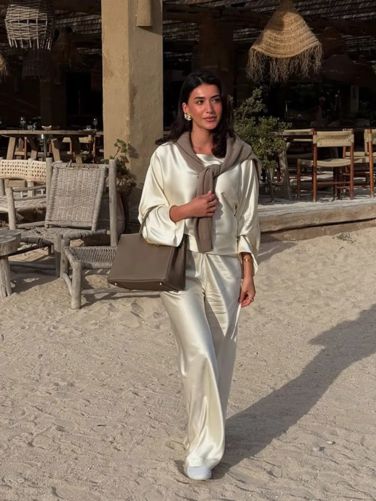 White Satin Long Pants Suit Women Elegant Full Sleeve Round Neck High Waist Loose 2-piece Set 2025 Summer Fashion Lady Wear 250616