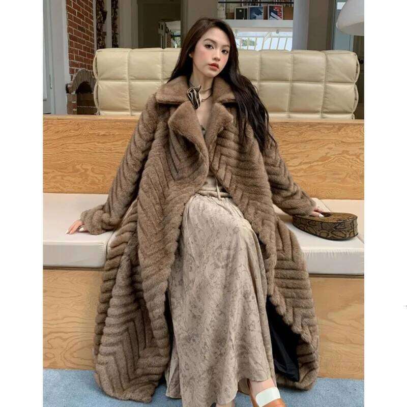 Winter Brown Eming Wave Strip Pattern Faux Mink Fur Coat CHIC Women Bow Sashes Full Sleeve Loose Warm X-Long Outerwear