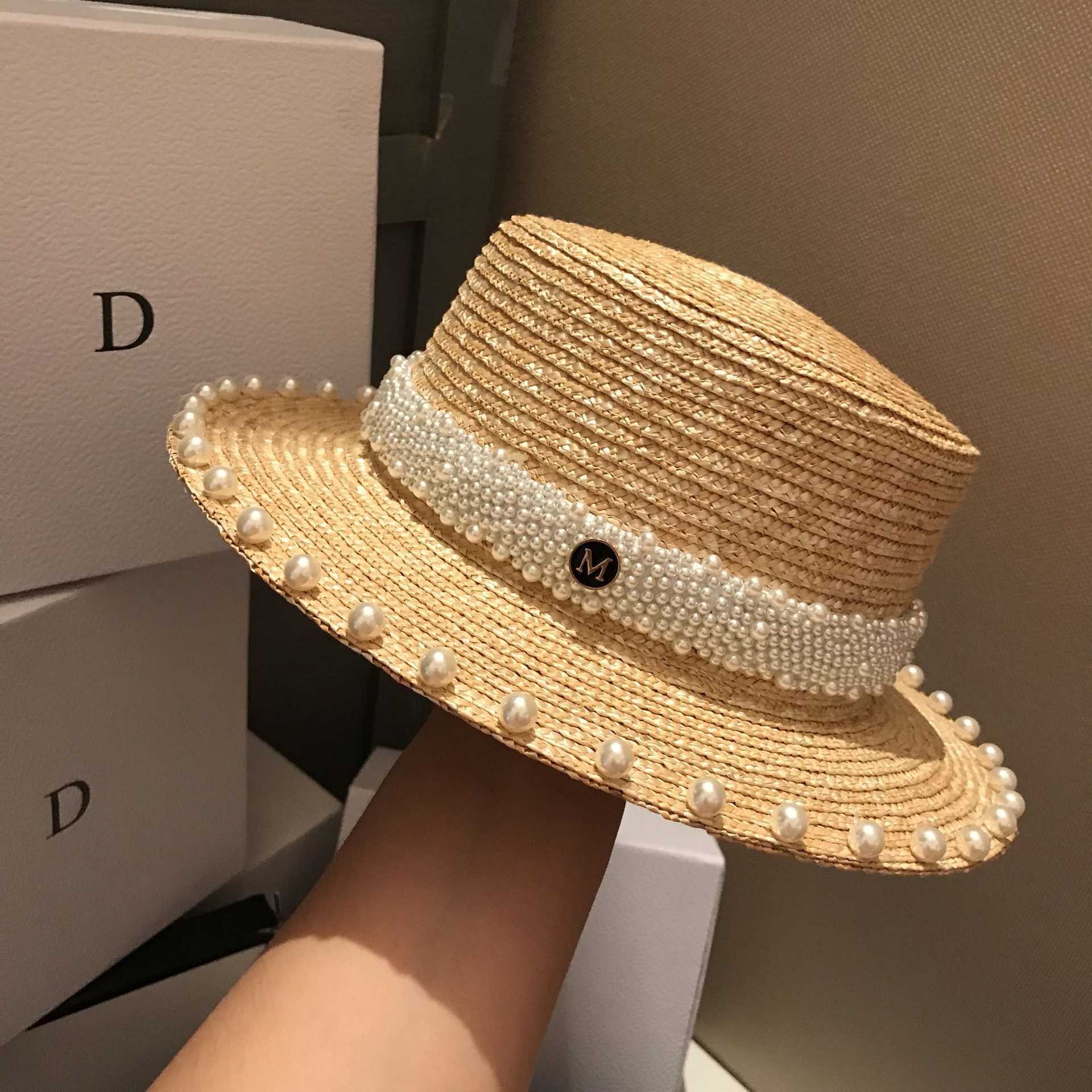 Japanese Internet Celebrity Pearl Straw Hat for Women Summer Beach Sunshade Sun Protection Sun Hat Travel Vacation Flat Top Hat 250615