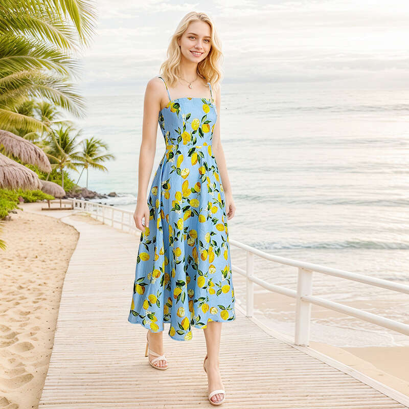 Buttock Dresses for Woman Party Wedding Guest Dress for Women 796 Summer New 2025 Printed Square Neck Slim Fit Strap Midi Dress Linen Vacation Style W