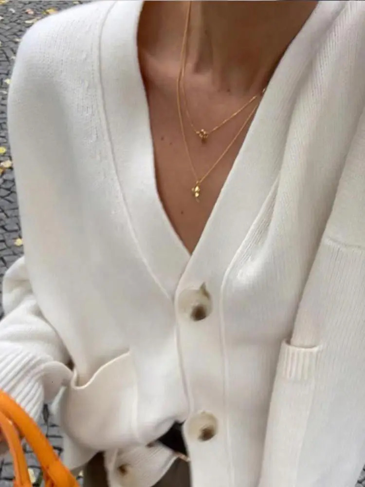 Fashion Lady Commuting Streetwear Women Classic Solid V Neck Pocket Cardigan Casual Long Sleeve Single-breasted Sweater 250616