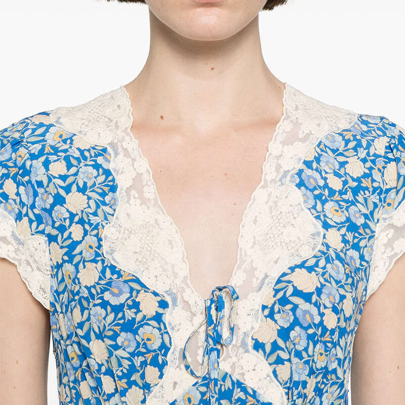 Designer Dresses for Women Plus Size Dresses 957 Summer New 2025 Lace Trim V-neck Patchwork Waist-cinching Long Dress French Style Elegant