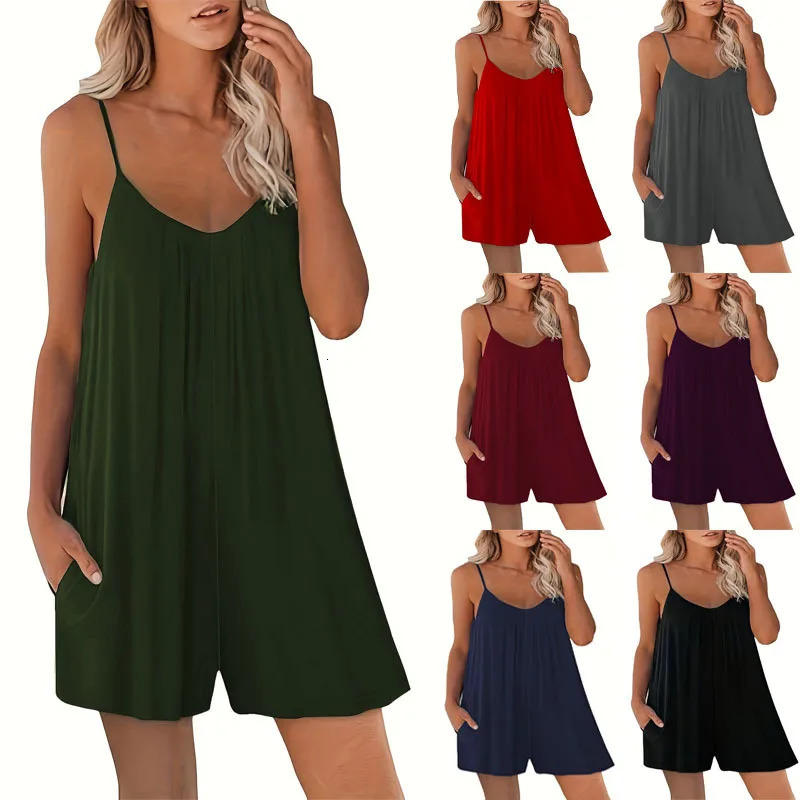 Summer European and American Womens Casual Strap Shorts Solid Round Neck Loose Pocket Jumpsuit 250616