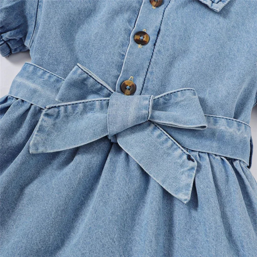 1-3 Years Summer Toddler Baby Girl Fasion Bubble Sleeve Lapel Jeans Casual Dresses Birthday Party Costumes for Kid Girls 250617