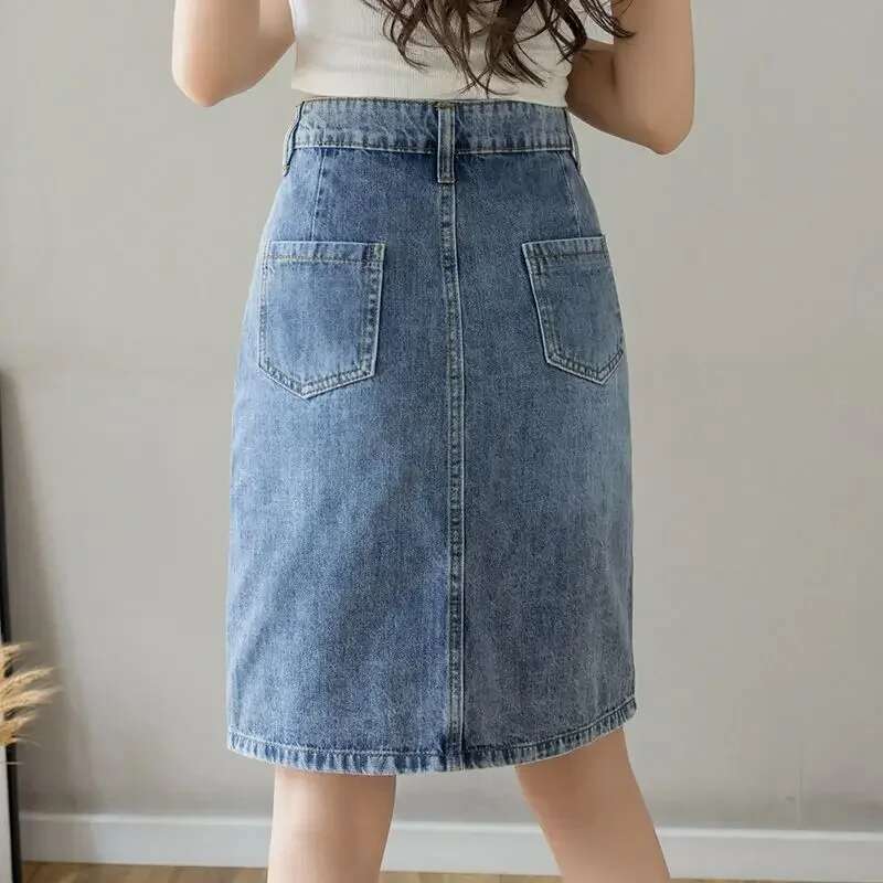 Kawaii with Pocket Cute Slit Womens Denim Skirt Midi Female Jeans Skirts Chubby Chic and Elegant A Line Clothing Sales V Modest