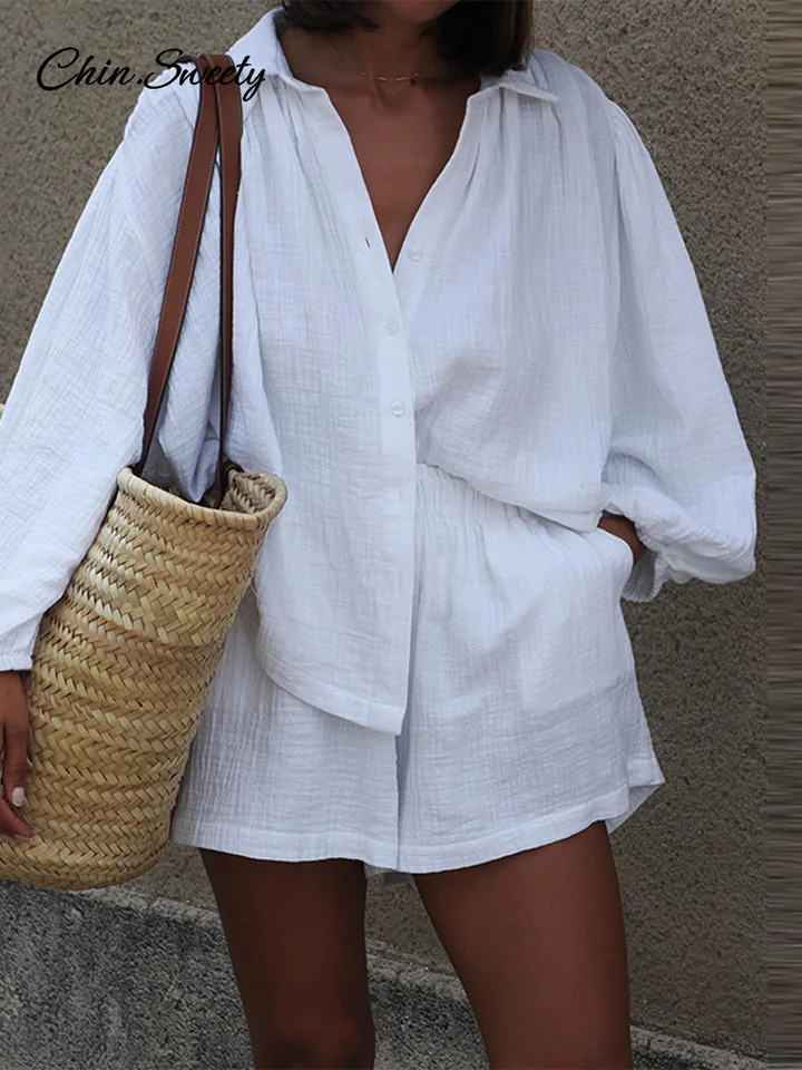 Casual Shorts 2 Pieces Sets Women Loose Solid Lapel Button Top Short Pant Pleat Suit 2025 Summer Vacation Beach 2 Pieces Outfits 250616