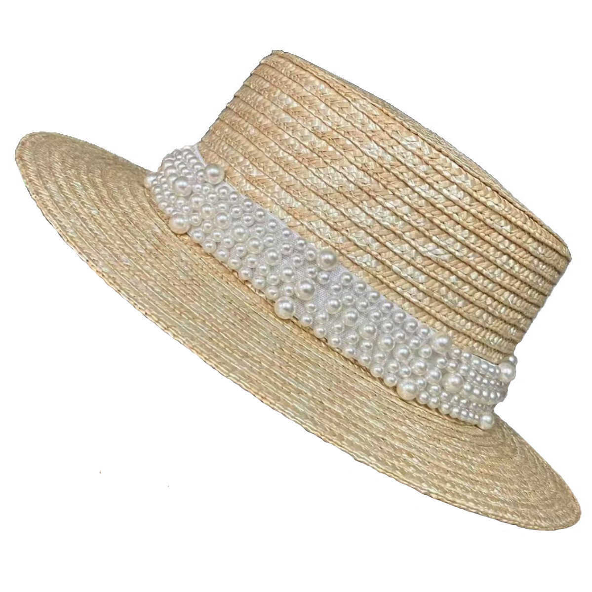 Japanese Internet Celebrity Pearl Straw Hat for Women Summer Beach Sunshade Sun Protection Sun Hat Travel Vacation Flat Top Hat 250615