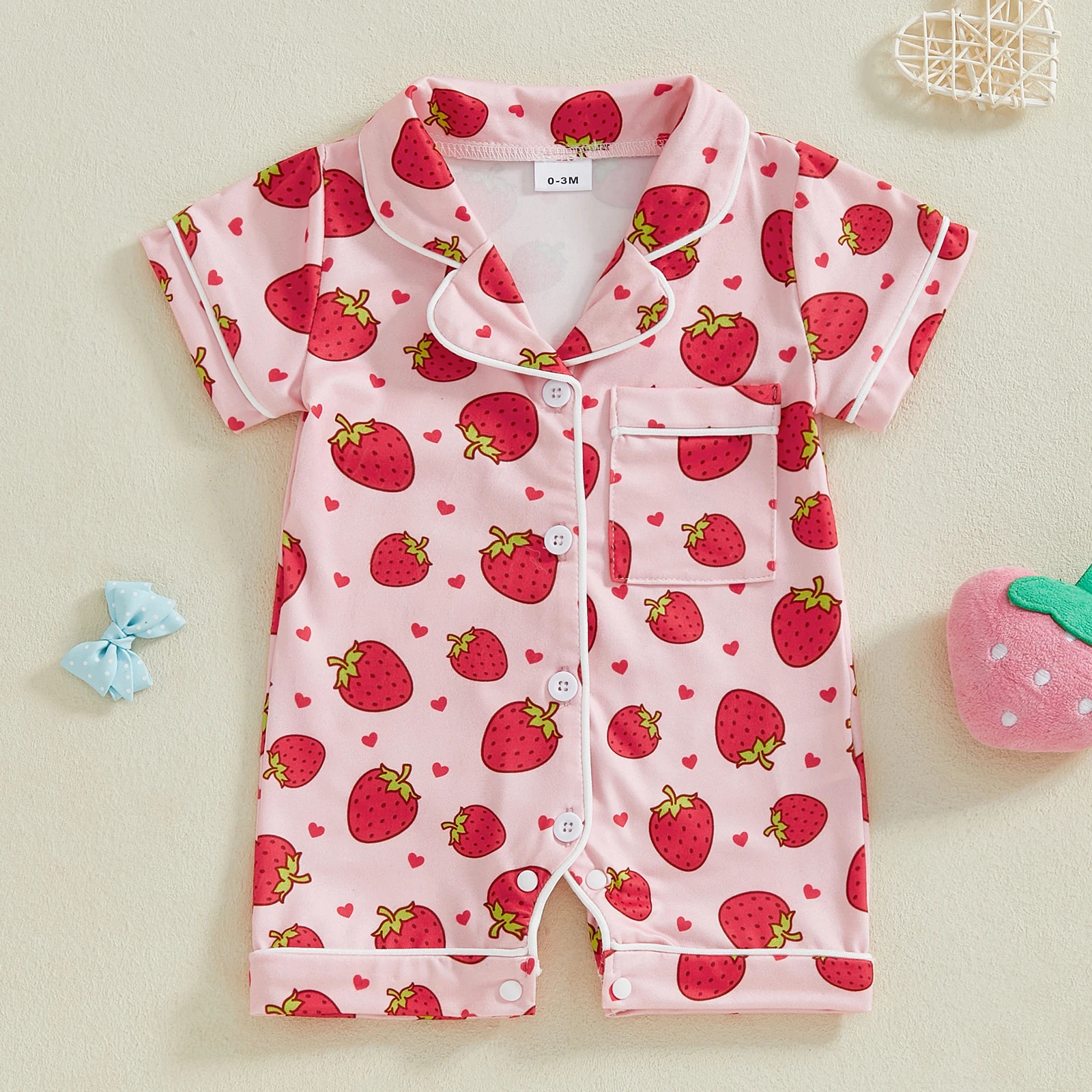Summer Infant Baby Girl Lapel Collar Loungewear Children Short SleeveStrawberry/Heart Print Sleepwear Children Cotton Pajamas 250617