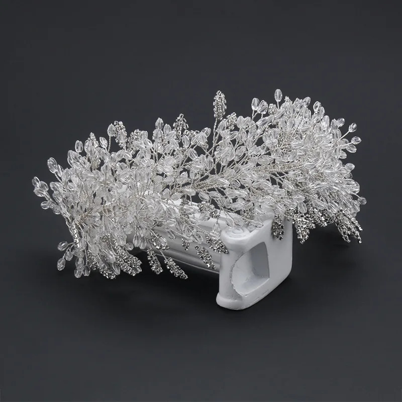 Baroque Handmade Clear Crystal Beads Bridal Hairbands Flower Tiaras Crown Rhinestone Diadem Headpieces Wedding Hair Accessories 250603