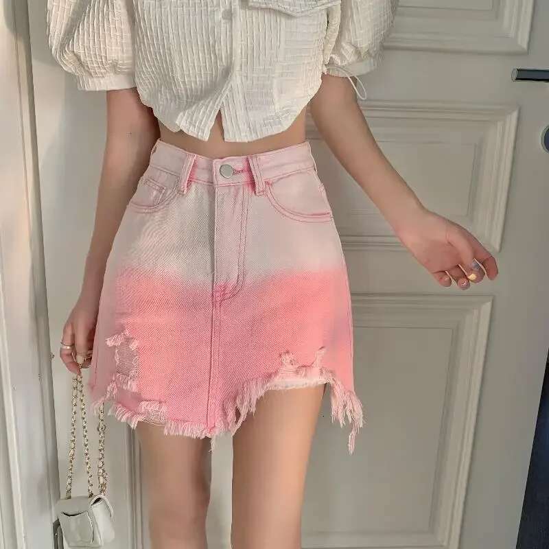 Wrap High Waist Gyaru Pink Woman Denim Skirt Jeans Skirts for Women Tight Cute Zipper Ripped Kawaii Short Mini Cheap V Casual