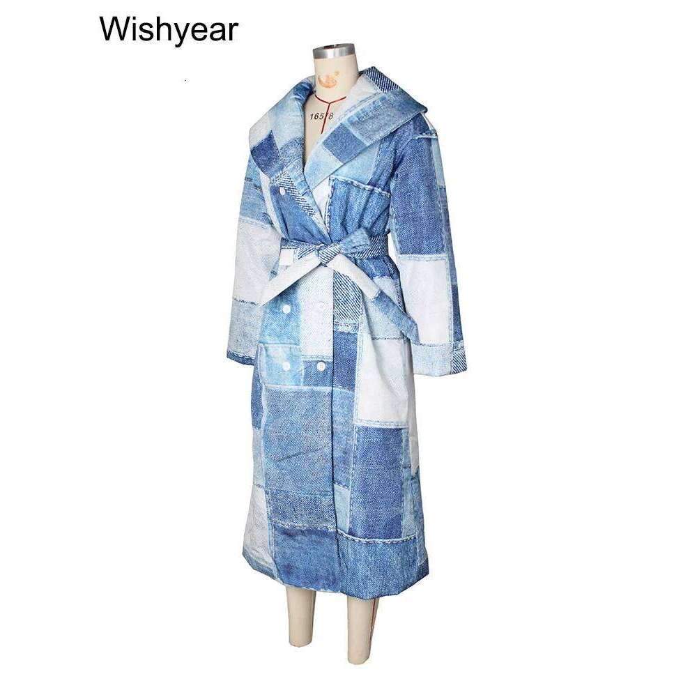 Elegant Cotton-Padded X-Long Coat Women Fashion Denim Patch Printed Large Lapel Lace-Up Jacket Streetwear Loose Thick Overcoat