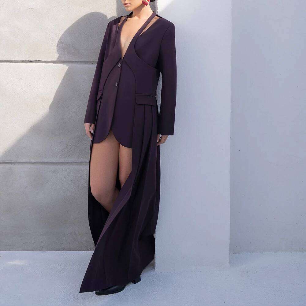 Designer Clothing 2025 Solid Irregular Hem Chic Blazer For Women V Neck Long Sleeve Patchwork Button Temperament Overcoats Female New