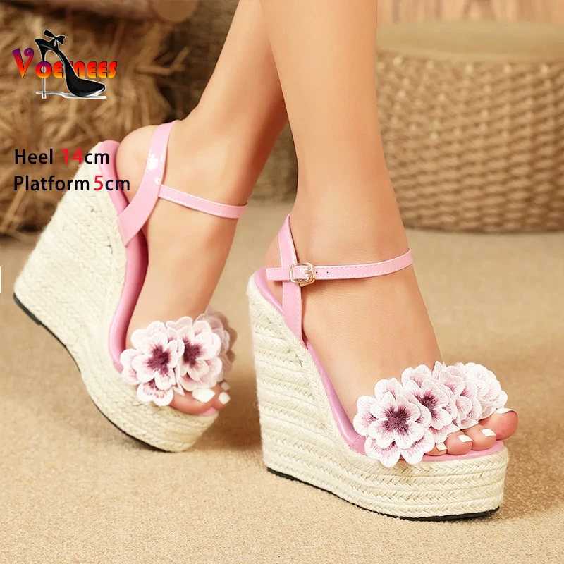 Women Sexy Wedge Sandals with Flower Sexy 14cm Fashion Simple Slope Heel Waterproof Platform Hemp rope woven bottom Car Sandals Z250617