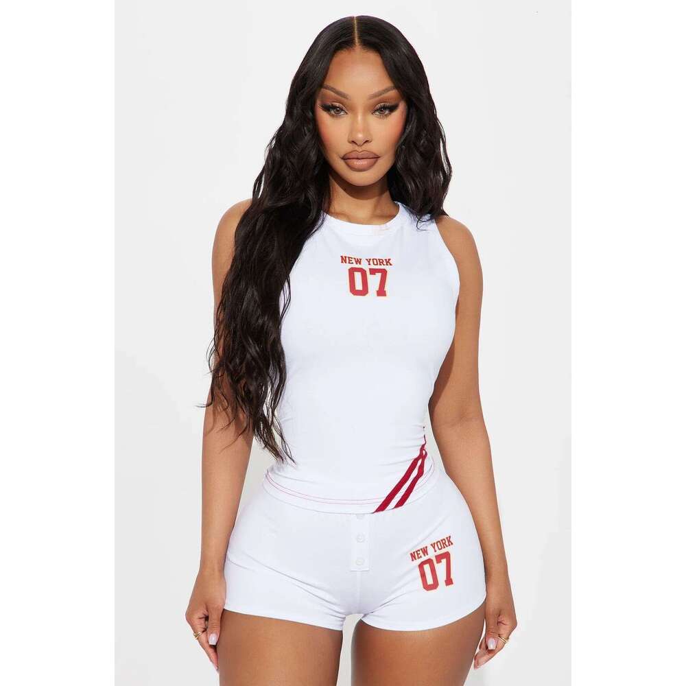 Summer Crop Short Letter Number Print Tank Top High Waist Ultra Shorts Set B5