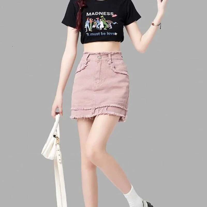 Tight Zipper High Waist Midi Gyaru Pink Cute Woman Denim Skirt Mini Kawaii Wrap Short Blue Jeans Skirts for Women Modest Vintage