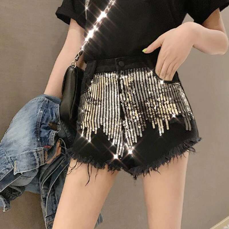 Womens Denim Shorts with Rhinestones Sequin Short Pants for Woman To Wear Trend 2025 Design Korean Style Outfits Youthful Jeans
