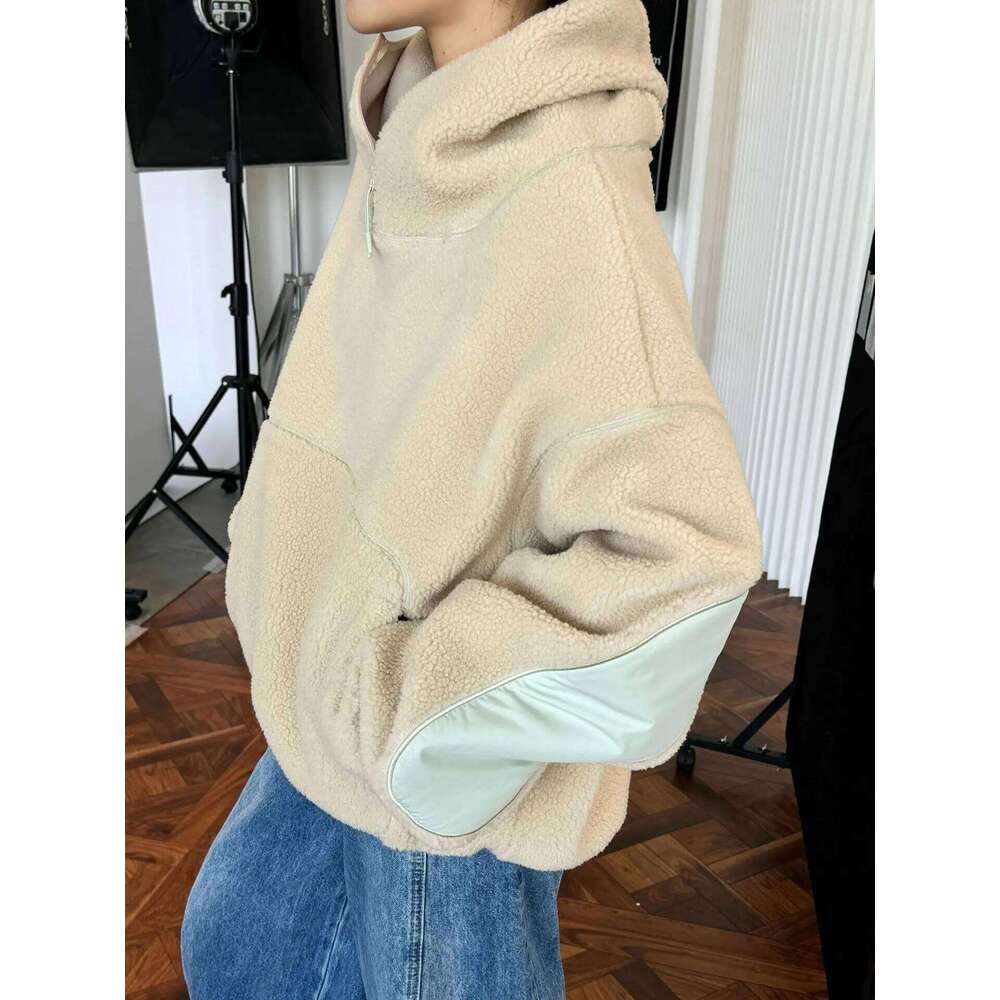 Winter women's casual solid color loose hooded sweatshirt