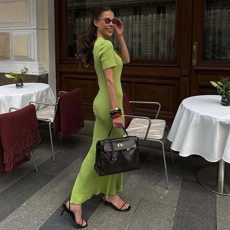 Tornova Retro Knitted Long Dress Female Short Sleeve Slim Hollow Retro Elegant Sweater Dress 2025 Summer High Waist Woman Dress 250614