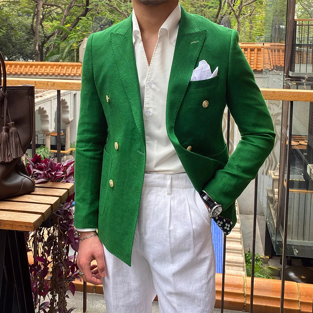 Summer Linen Men Blazer Casual Metal Double Breasted Men Suit Jacket Business Office Social Daily Custom Slim Coat 250617