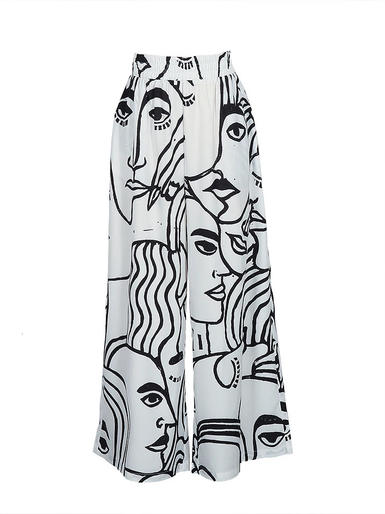 Summer plus Size 5XL Wide Leg Pants Contrast Print Pattern Fashionable Trendy Versatile Womens Elastic Waist Casual Trousers 250609