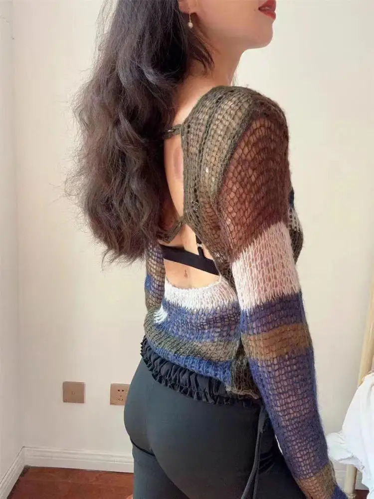 Yedinas Striped Knit Tops Vintage Grunge Hollow Out Jumpers Japanese 2000s Hole Thin Pullover Sweater Women Korean Knitwear Y2k 250614