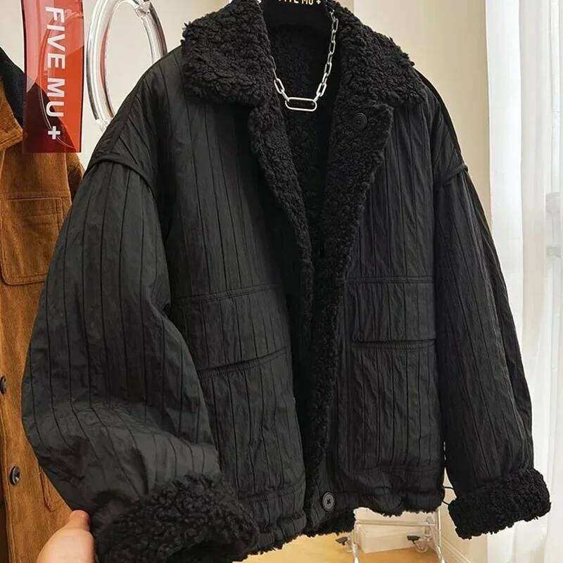 2024 New High-end Imitation Lamb Wool Women Autumn Winter Loose Thickened Warm Reversible Cotton-padded Jacket Preppy