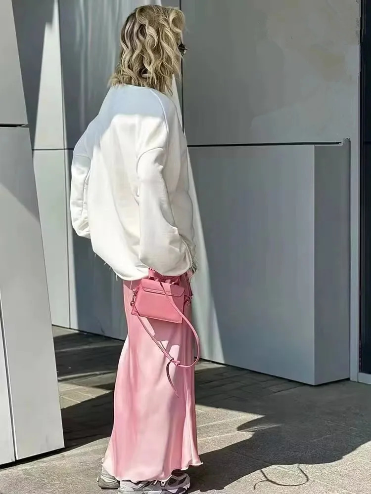 Pink Midi Skirts Women Fashion Elastic Waist Black Skirt Autumn Casual High Waist Satin Long Skirt Womens Chic Skirts 250614