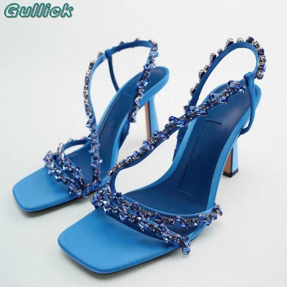 Blue Gemstone Beaded Sandals Square Toe Slingback High Heel Sexy Green Color Slip On Solid Chic Narrow Band Summer Shoes M250617