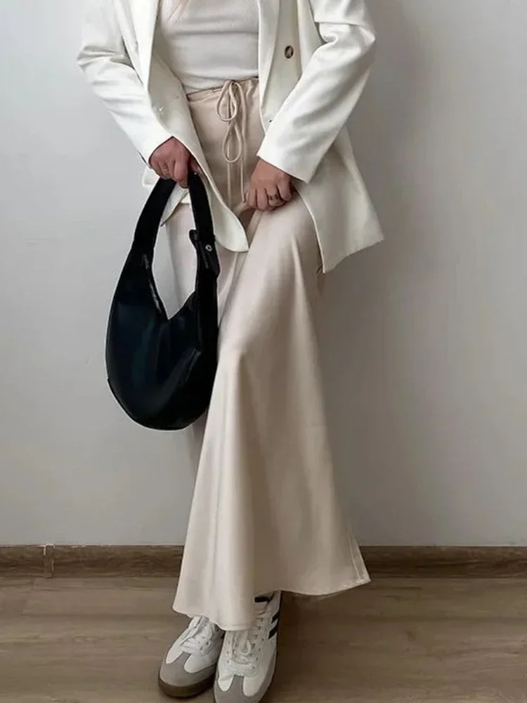 Grey High Waist Skirts for Women Fashion Temperament Elegant Black Satin Skirt Classics Versatile Slim Long Skirt Summer 250614