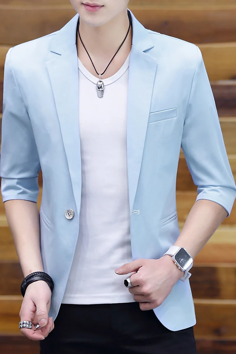 Summer 2025 Mens Mid-Sleeve Slim Fit Suit Korean Style Handsome Youth Seven-Quarter Jacket Small Suit Collection 250614