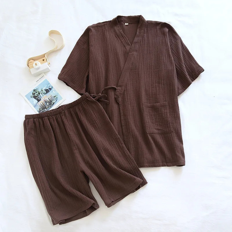 Summer Style Japanese Kimono Pajamas Suit Couple Thin Cotton Crepe Mens Short-Sleeved Shorts Two-piece Womens Home Service 250616