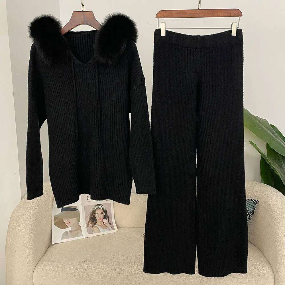 DEBAIFUR 2025 New Spring Woman Hooded Pullover Cashmere Splicing Natural Fox Fur Collar Outerwears Sweater Suit