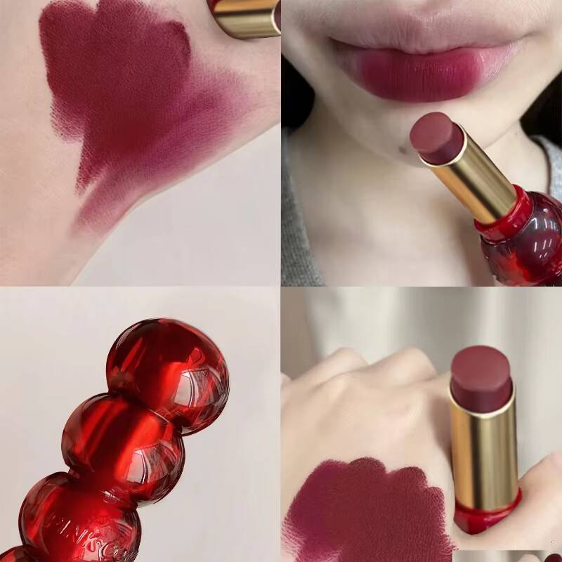 Cute Gourd Shape Matte Lipstick Smoked Brown Red Solid Gloss Waterproof Long Lasting Tinted Balm Velvet Lip Makeup Pen happy