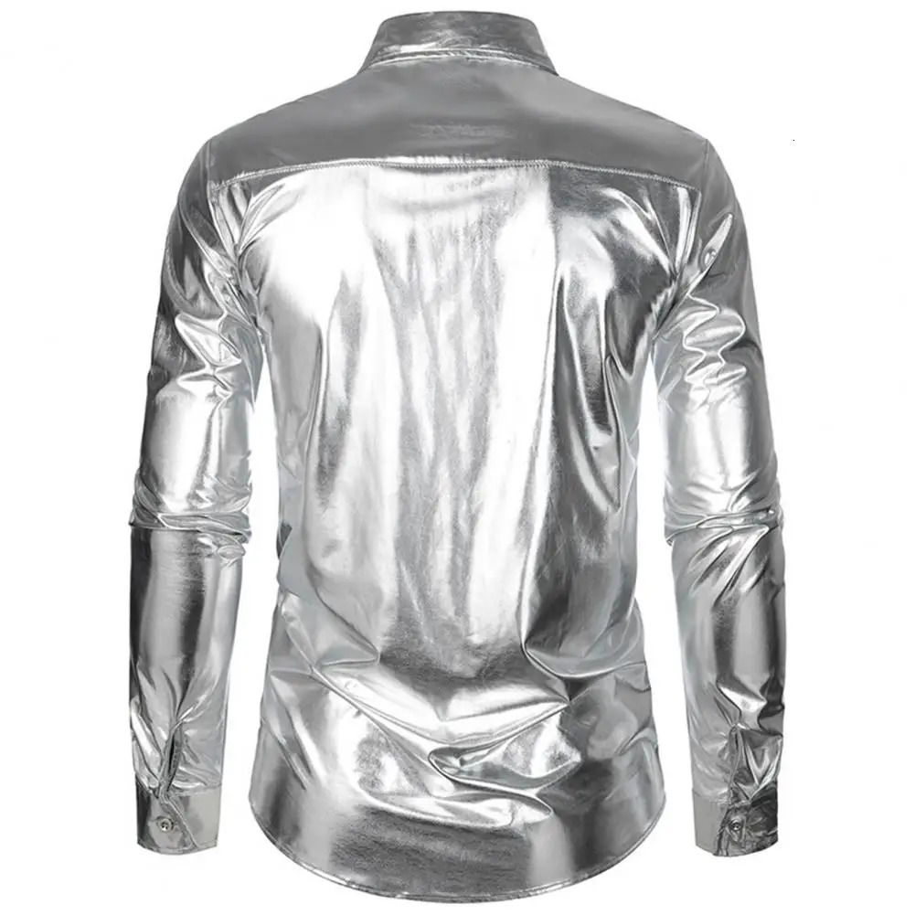 Solid Color Men Shirt Mens Glossy Satin Performance Shirt with Turn-down Collar Single-breasted for Club Party Stage 250616