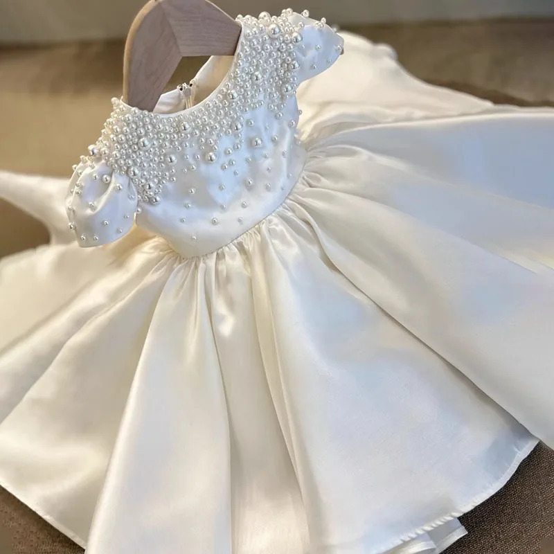 Baby Kids Princess Satin Pearls Bow Flower Girl Dress Children First Communion Dress Ball Gown Wedding Party Dress Birthday 250617