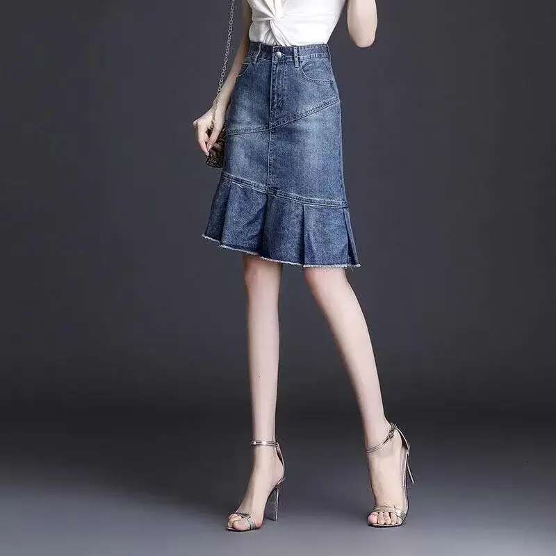 Blue Woman Denim Skirt Ruffle High Waist Luxury Elegant Vintage Streetwear Stylish Korean Fashion Modest Jeans Skirts for Women