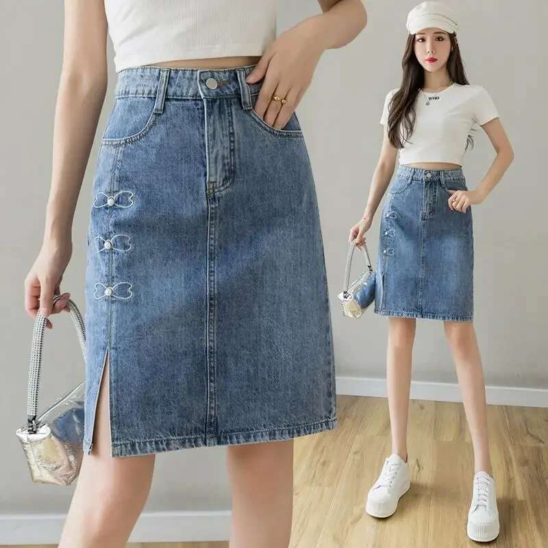 Kawaii with Pocket Cute Slit Womens Denim Skirt Midi Female Jeans Skirts Chubby Chic and Elegant A Line Clothing Sales V Modest