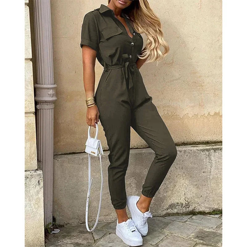 Womens Monochromatic Belt Workwear Jumpsuit Casual Pants Flip Collar Buckle European and American Summer 250616