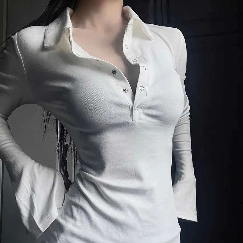 Woman Tshirt Sexy Polo Neck T Shirt for Women Plain Coquette Clothes Polyester Original Casual Tops Youth Fashion 2025 Aesthetic