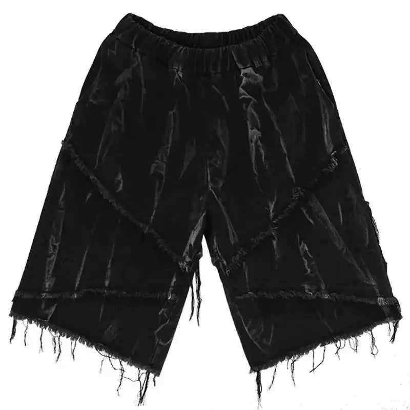 American Raw Edge Denim Men Shorts Summer Oversize Casual Loose Knee-High Dark Cropped Pants Streetwear Men Z250617