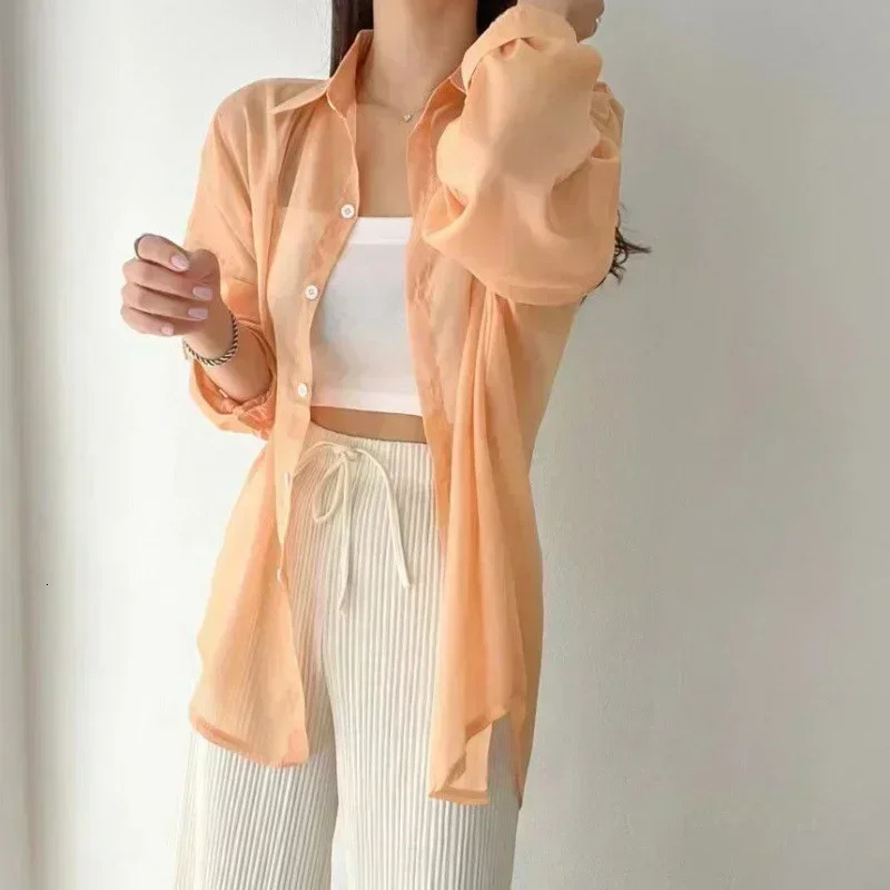 8 Colors Shirts Women Sheer Thin Chic Summer Simple Solid Sun-proof Temper Fashion Baggy All-match Basic Korean Style Clothes 250616