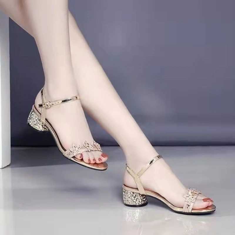 Ladies Shoes RhinESTones Open Toe With Medium Heels Womens Sandals Asian Size Comfortable and Elegant Sandal 2025 Shoe Z250617
