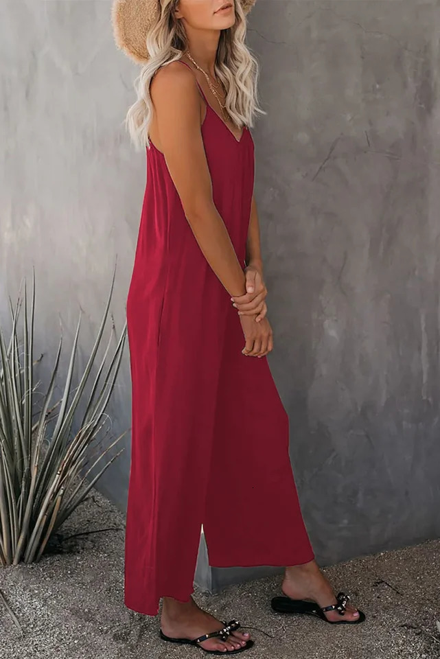 European and American Suspender Womens Summer Foreign Trade Tolid Color Pocket Casual Jumpsuit 250616