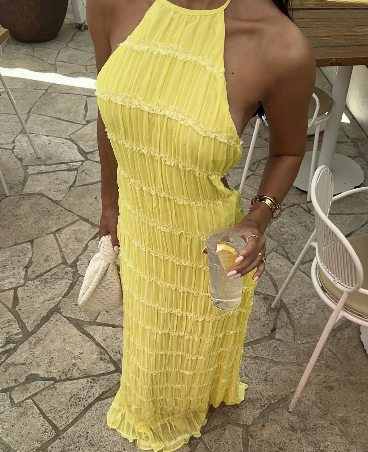 Cryptographic Summer Sexy Backless Frill Hem Maxi Dress Outfits Holiday Sleeveless Halter Bandage Sun Dresses Beachwear Solid 250614