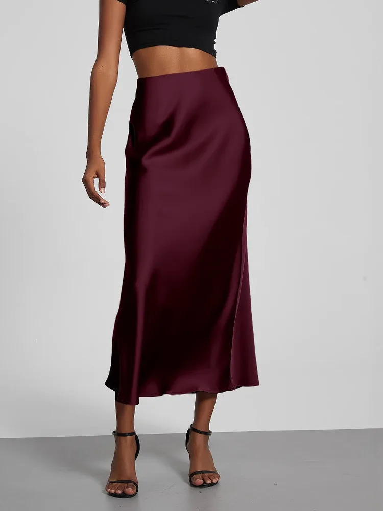 21 Colors 2025 Womens Elegant High Waist Satin Long Skirts Female Summer Solid Color Faldas 250614