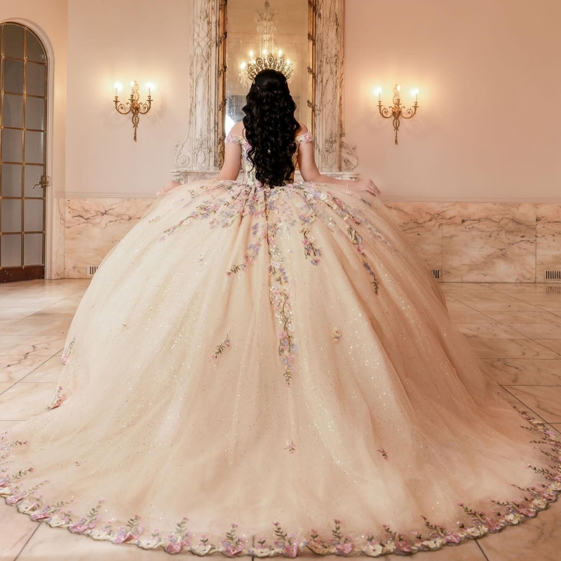 Champagne Quinceanera Dresses Ball Gown Off The Shoulder Applique Lace Beading Tull Sweet 16 Dress Vestidos 15 De Anos