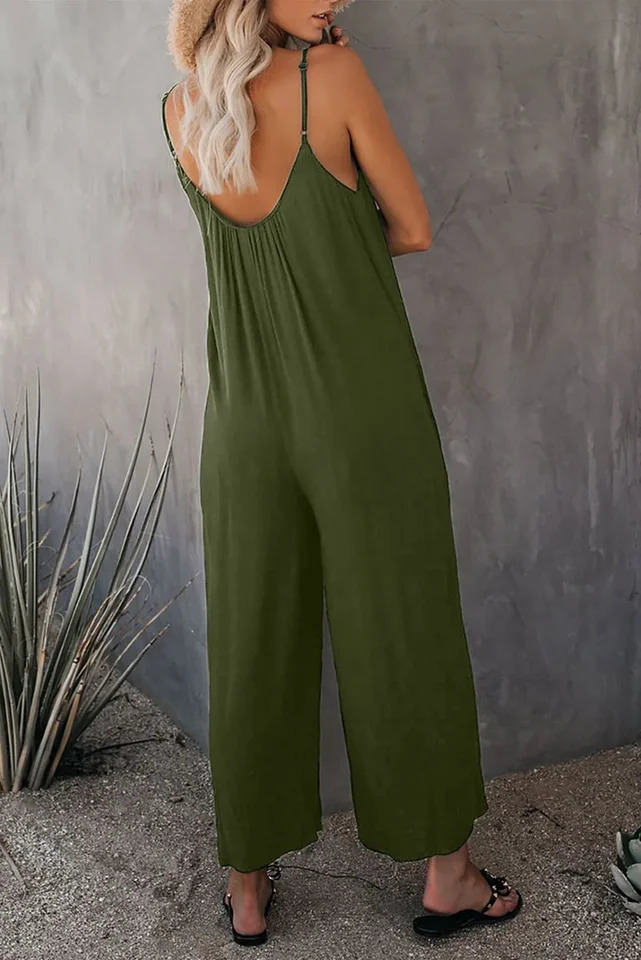European and American Suspender Womens Summer Foreign Trade Tolid Color Pocket Casual Jumpsuit 250616