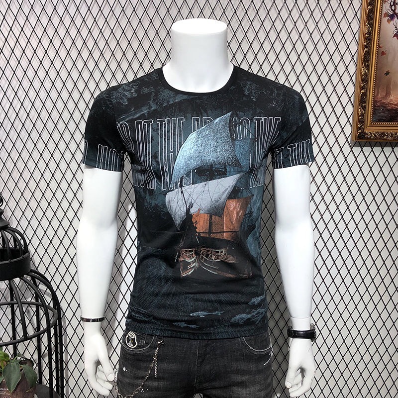 (Men's T-Shirts Short-sleeved T-shirt for men, slim fit round neck trend