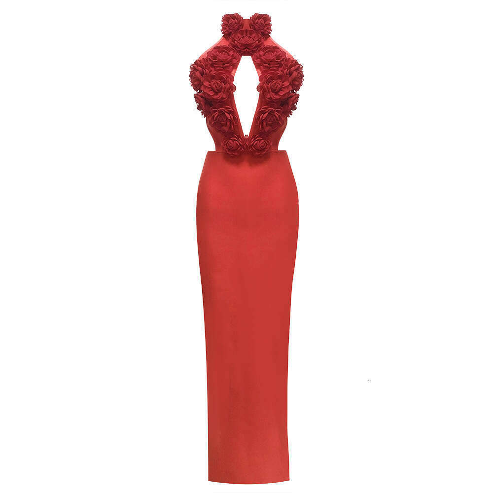 New Summer Fashion Elegant Slimming Backless Red Floral Long Bandage Dress