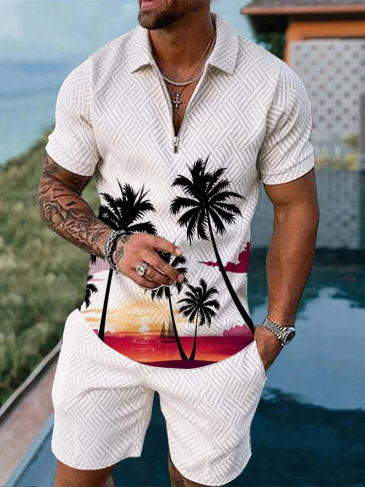 Funny Coconut Tree Print Mens Sets Summer Fashion Zip Polo Short Sleeve Tops Shorts Outfit Hawaiian Beach Vacation Casual Suit 250617